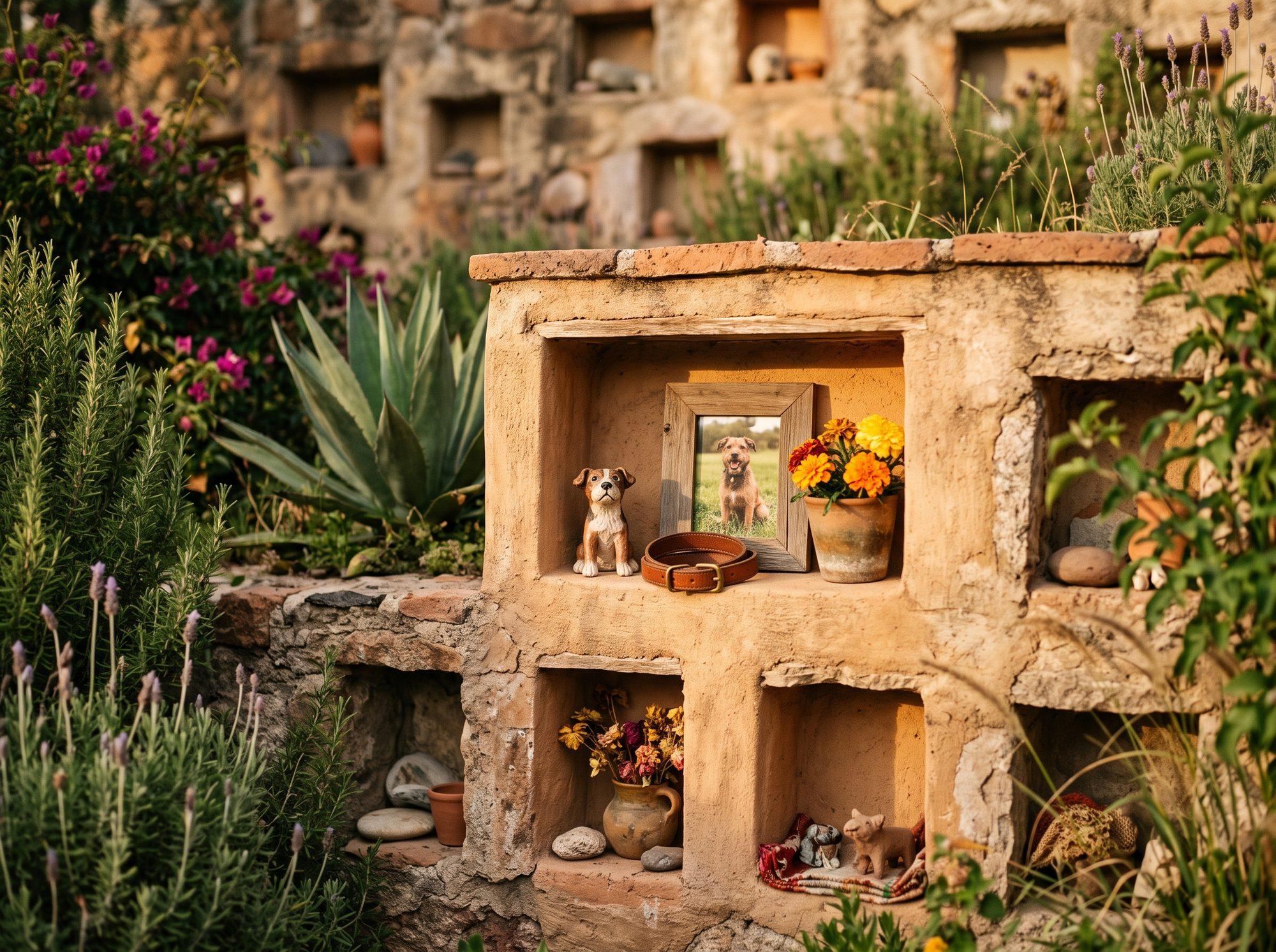 Nichos conmemorativos con flores y detalles personales