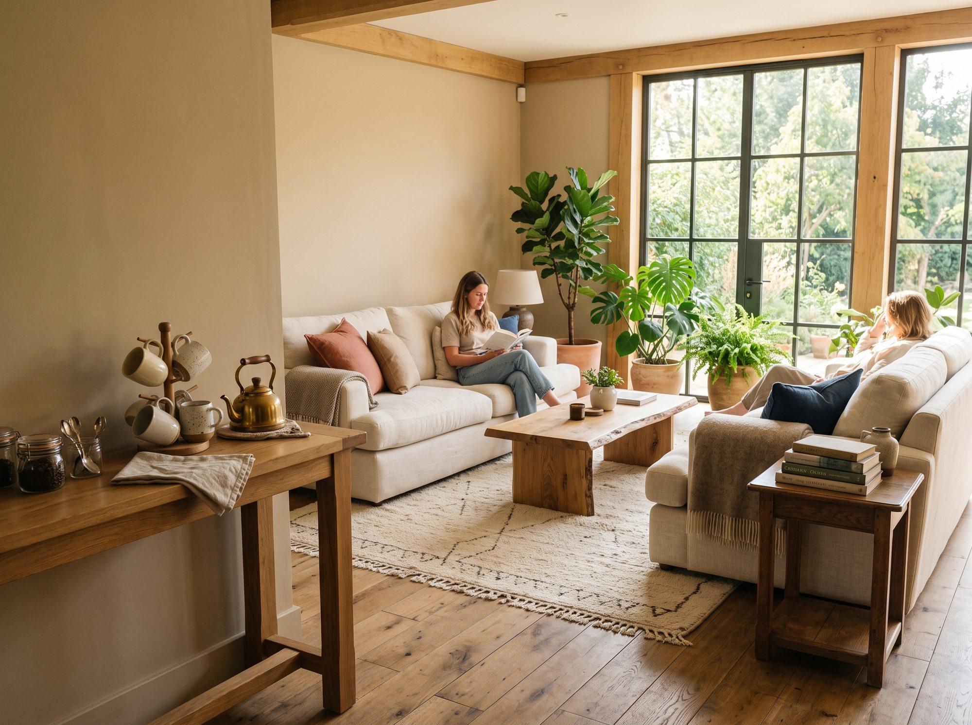 Recepción cálida con madera y luz natural