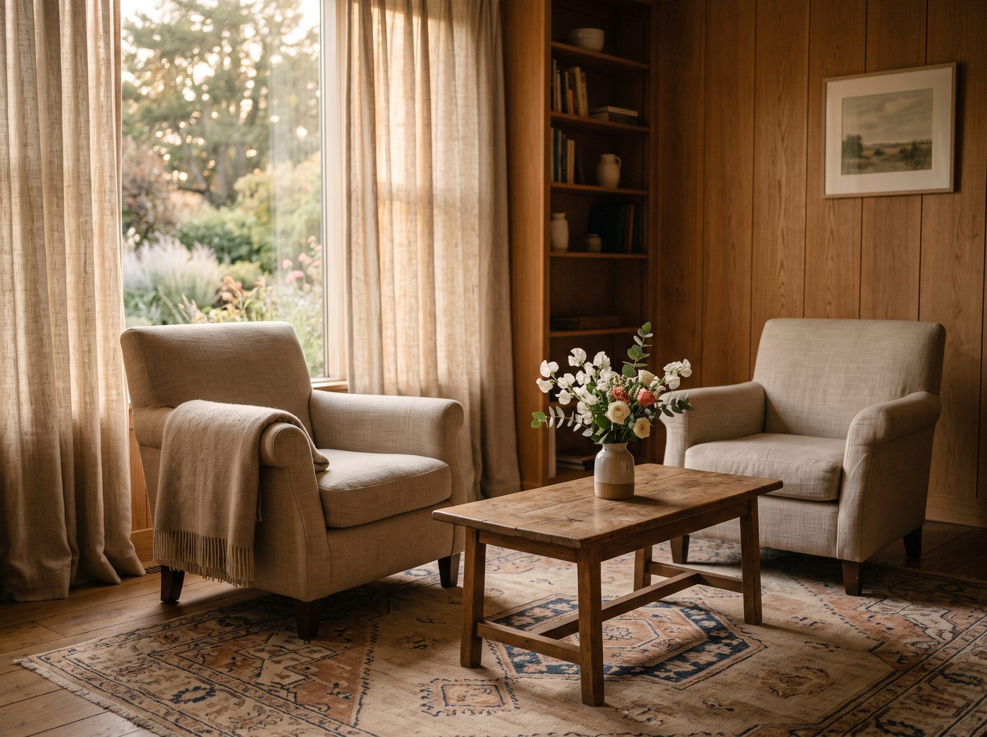 Sala de despedida serena en tonos cálidos y neutros