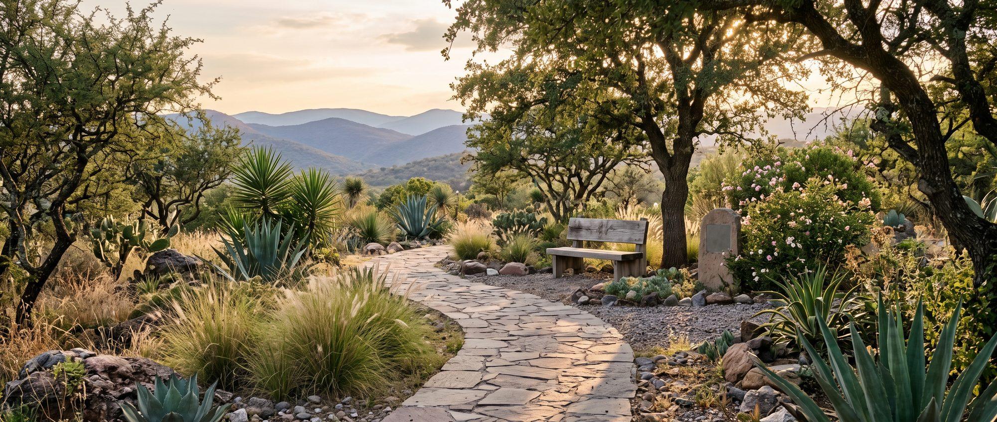 Jardín de memoria al atardecer, con un sendero entre árboles