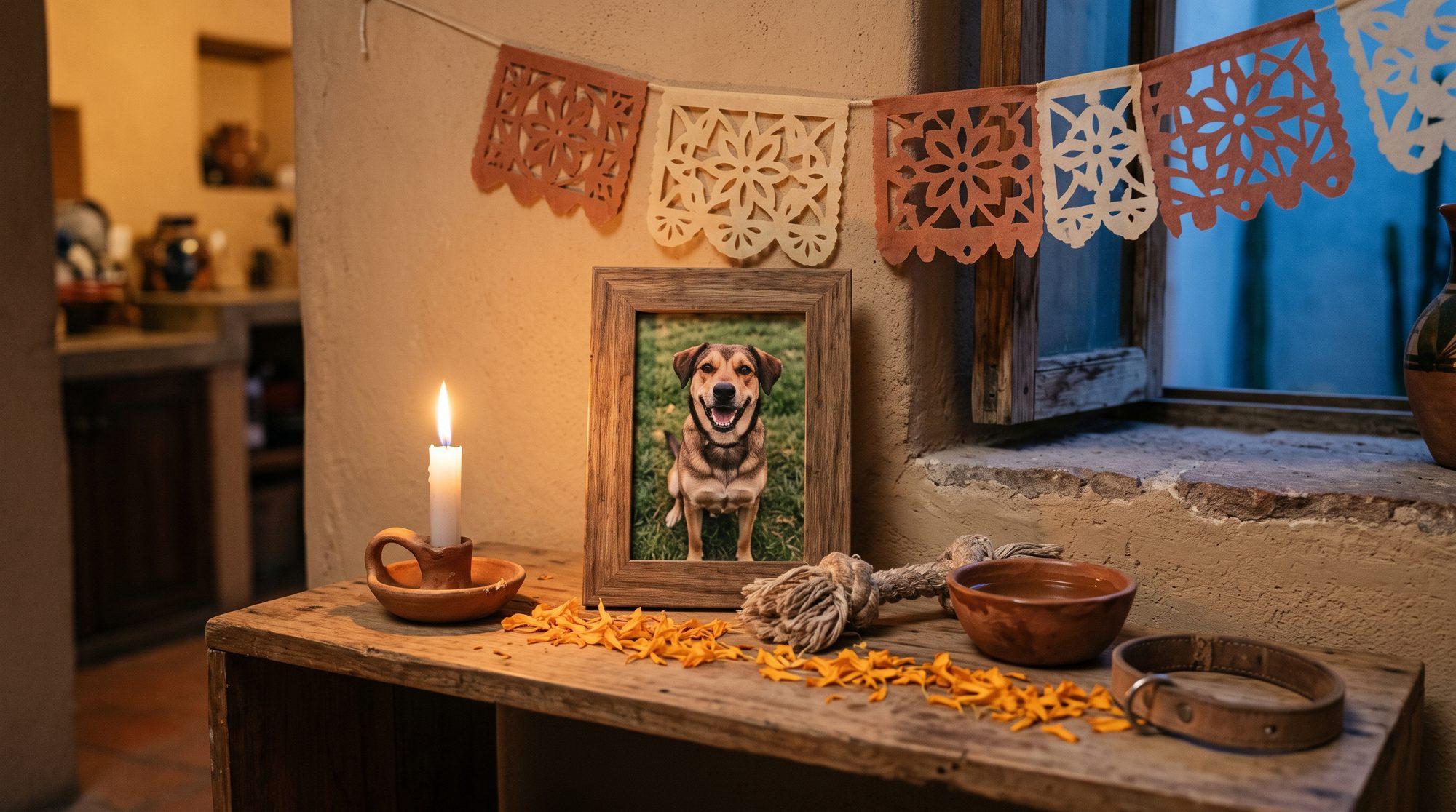 Pequeño altar de Día de Muertos para un perro, con su foto, cempasúchil, una vela y su juguete