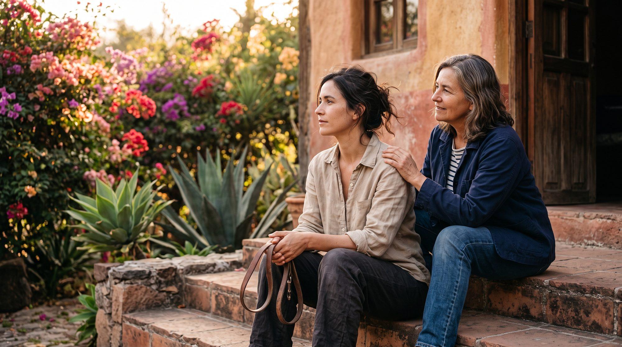 Dos amigas sentadas en los escalones de un jardín al atardecer; una sostiene la correa de su perro