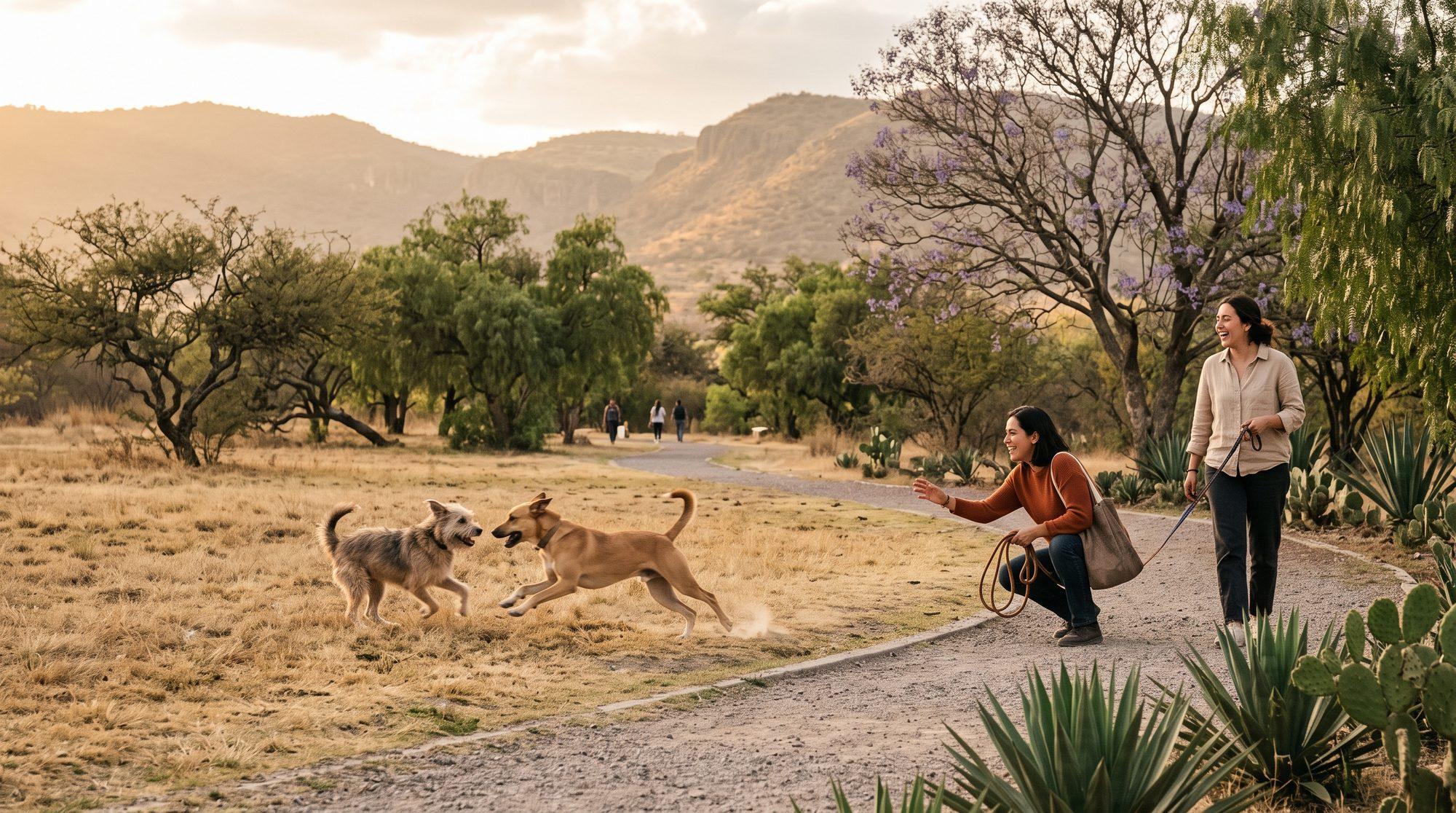 Dos perros juegan en un parque de Querétaro al atardecer mientras sus dueños caminan cerca
