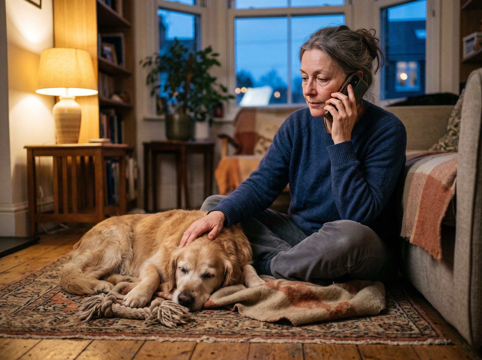 Persona sostiene el teléfono junto a la ventana, con su perro cerca