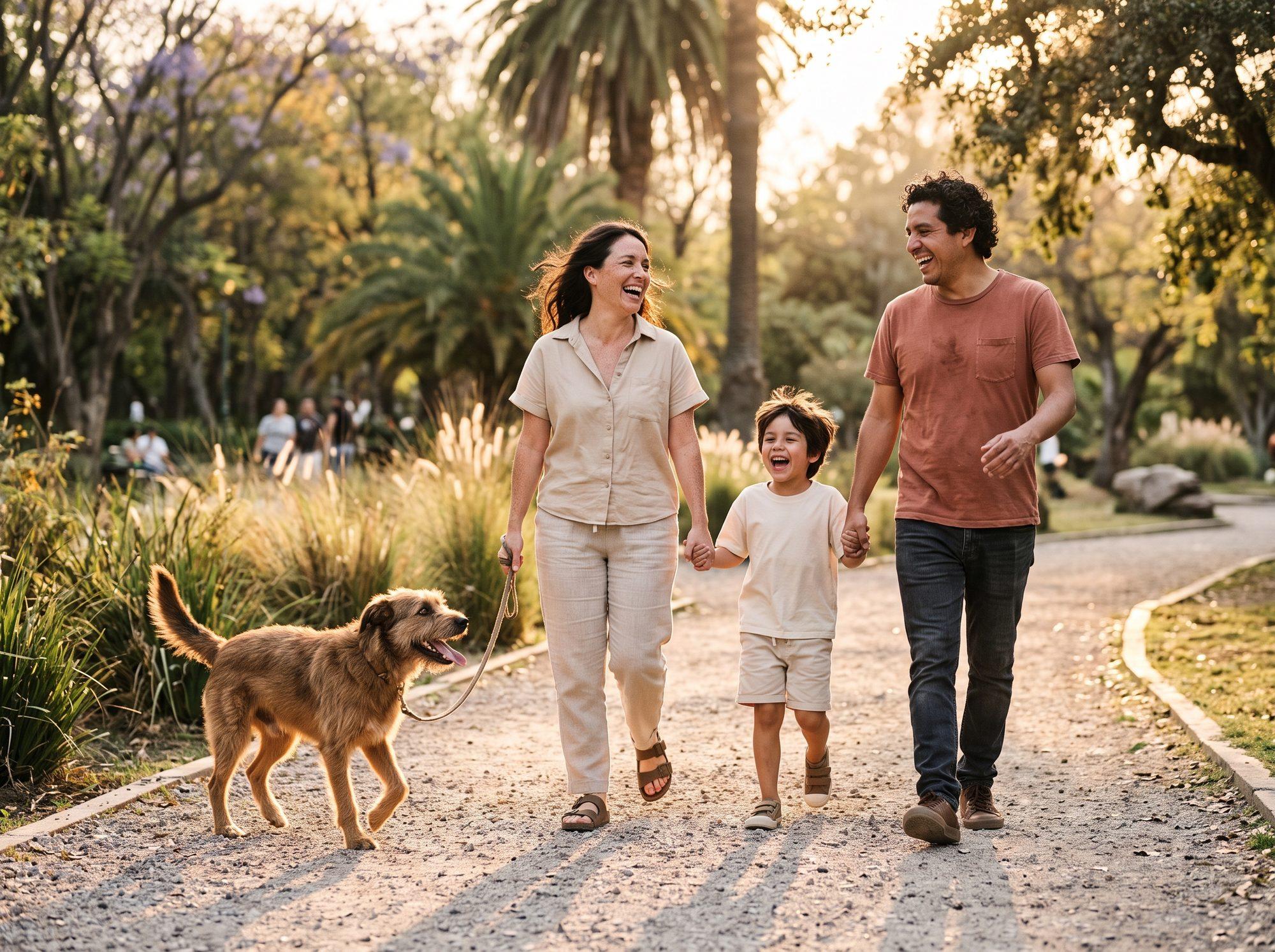 Familia pasea a su perro en un parque con luz dorada