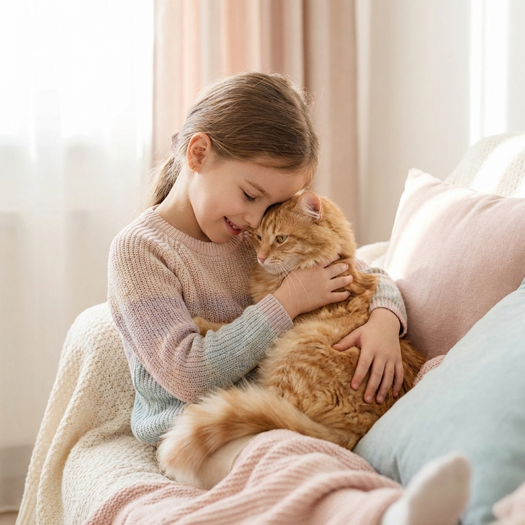Niña abrazando a su gato